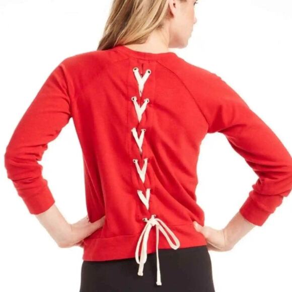 Soulcycle X Monrow Crew Neck Pullover Sweatshirt Lace Up Back Red Women S - Picture 2 of 7